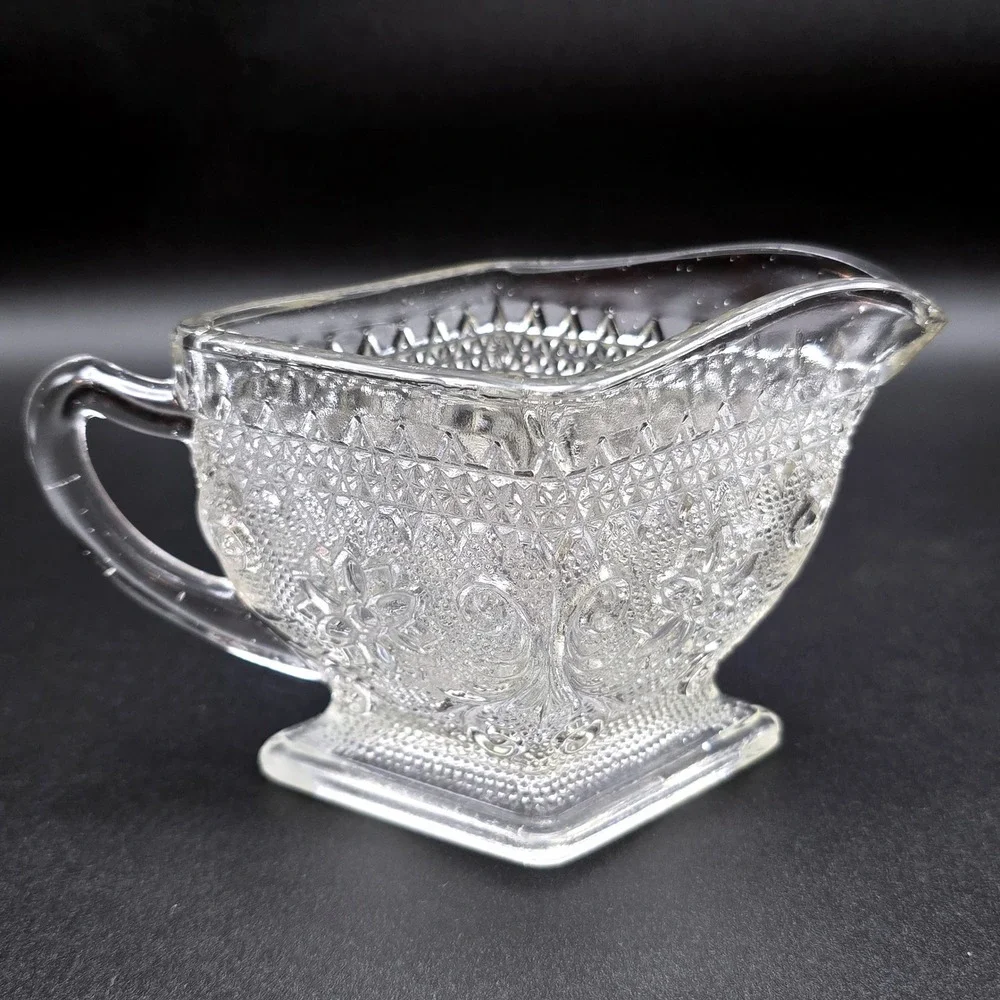 Vintage Clear Pressed Glass‎ Creamer and Sugar Bowl Set Floral Diamond Pattern